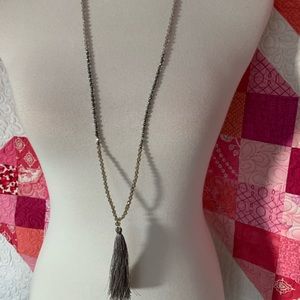 Grey/silver beaded tassel necklace